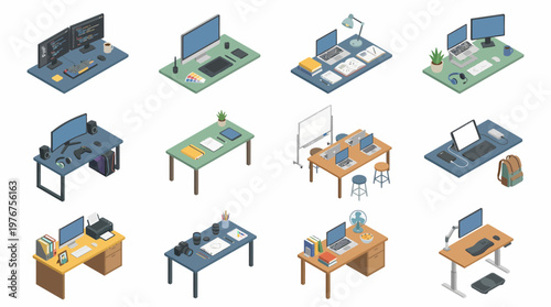 3D isometric icon set of various office desks