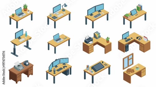 Isometric 3D icon set of various office desks with computers and equipment