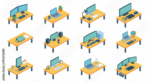 Isometric 3D icon set of various office desks with computers and equipment
