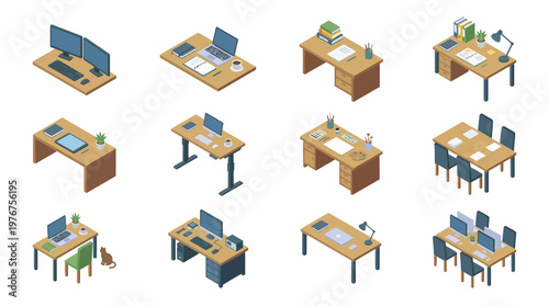 An isometric set of 3D office desk icons with various computer and furniture arrangements.