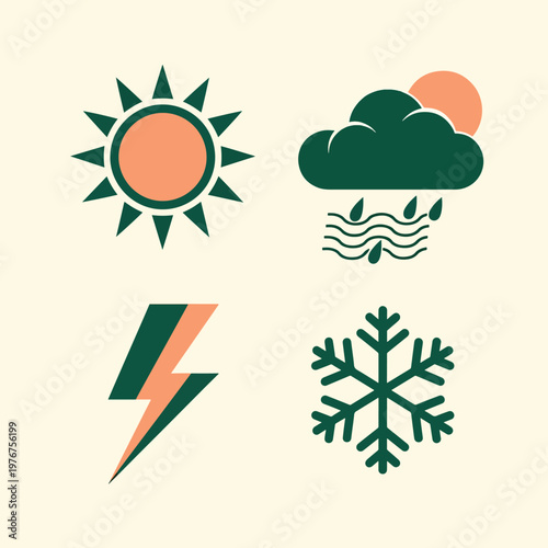 Minimalist Weather Icon Set with Sun Rain Lightning and Snowflake.