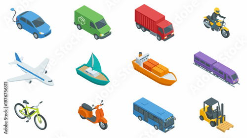 A 3D isometric icon set of various transportation vehicles on land and sea