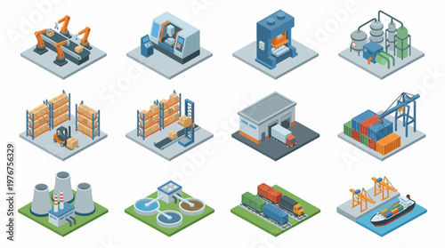 A 3D isometric icon set depicting various industrial scenes and machinery in a factory environment.