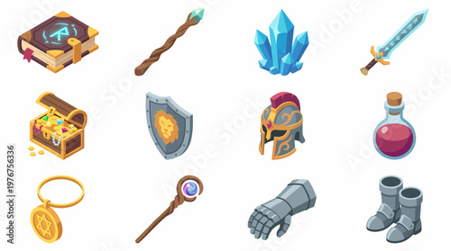 The 3D isometric icon set depicts fantasy objects on a white background.