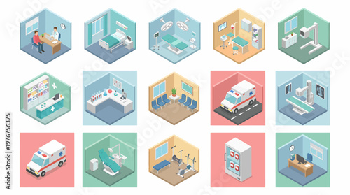 Isometric 3D icon set depicting various hospital rooms and medical facilities with an ambulance.