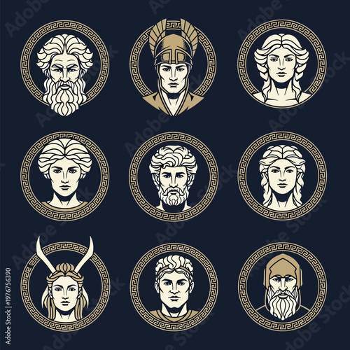 Set of Ancient Greek Gods and Goddesses Portrait Collection.
