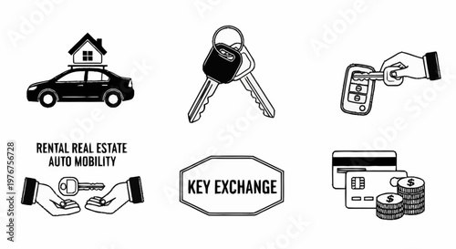 Illustrations of Car Rental, Real Estate, and Key Exchange Concepts.