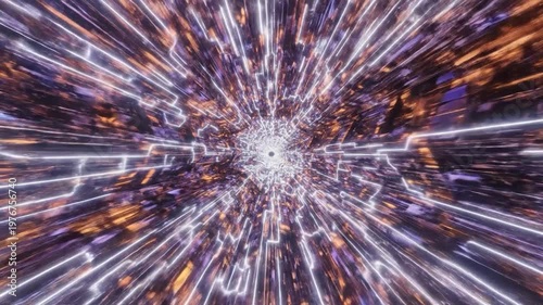 A fast moving abstract tunnel with glowing orange and purple light patterns