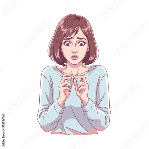 Woman holding small object in hands.