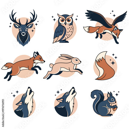 Set of cute forest animals illustration collection featuring deer owl fox rabbit and wolf.