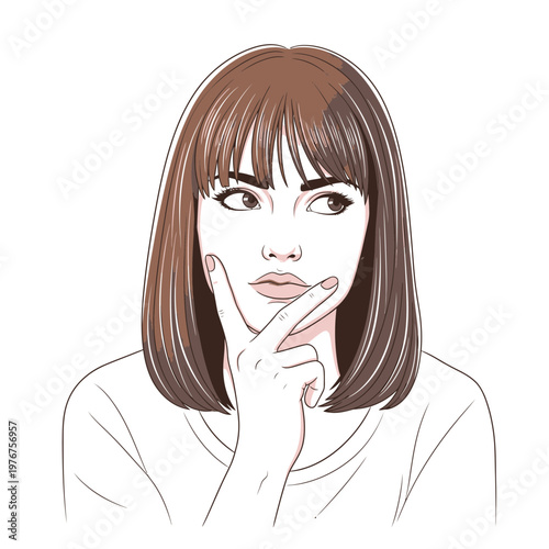 Woman with hand on chin thinking 1.