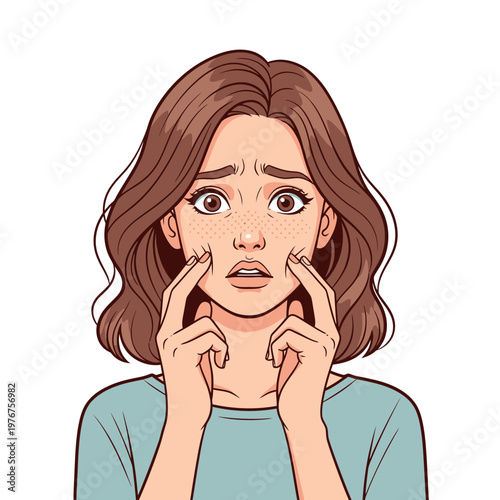 Woman Touching Face with Concerned Expression.
