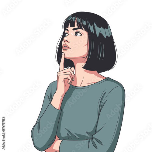 Woman with finger on chin thinking.
