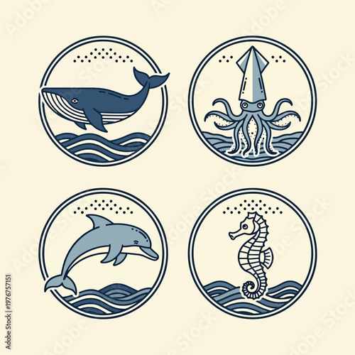 Set of four circular marine animal illustrations featuring whale squid dolphin and seahorse.