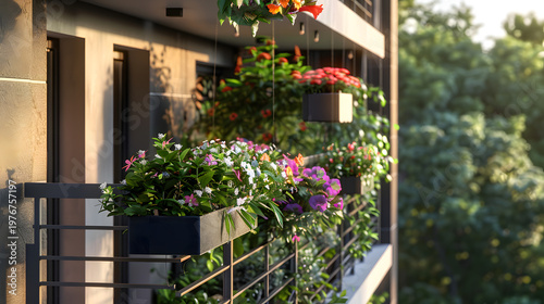 Vibrant balcony garden with colorful flowers and lush greenery on a residential building