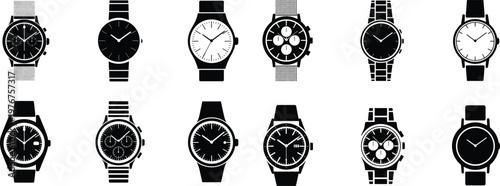 Collection Of Classic Wristwatch Icons In Minimalist Black And White Vector Style