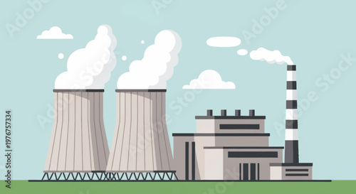 Illustration of a Nuclear Power Plant with Cooling Towers.
