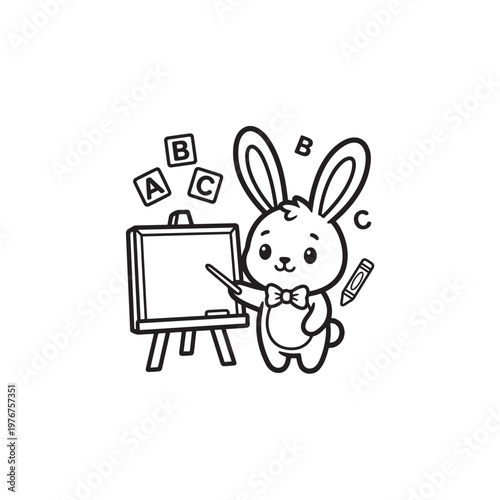 Cute cartoon bunny teaching with blackboard and alphabet blocks.