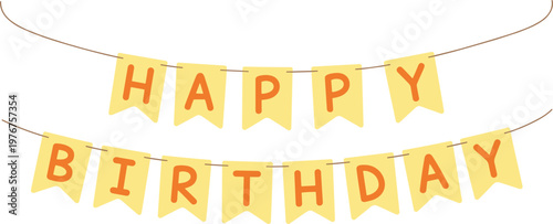 Happy Birthday Hanging Bunting Banner With Yellow Pennants And Orange Typography Vector