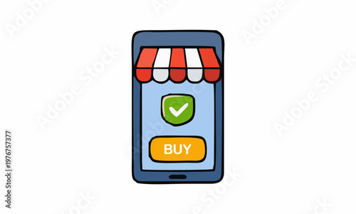 line art color of smartphone displaying a secure online shopping application