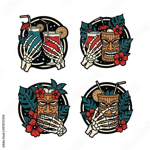 Set of four tropical tiki cocktail and skeleton hand illustrations in retro tattoo style.