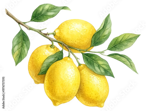 Watercolor lemon branch with multiple fruits isolated