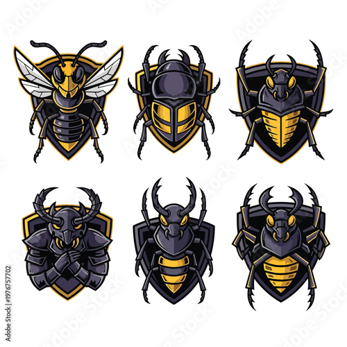 Set of insect mascot logos featuring wasps and beetles on shields.