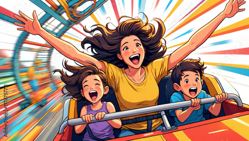 Happy Family on Thrilling Amusement Park Ride Illustration