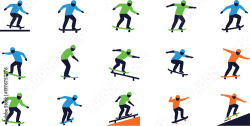 Skateboarders Performing Tricks Vector Illustration Set for Action Sports