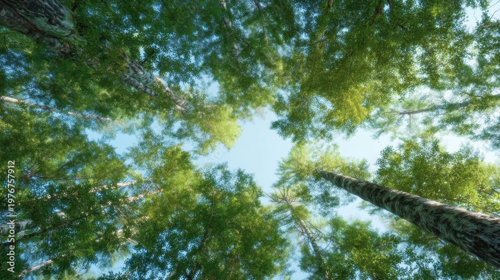 Fototapeta premium Wide-Angle View of a Lush Canopy in a Serene Forest Beneath a Brightly Lit Sky