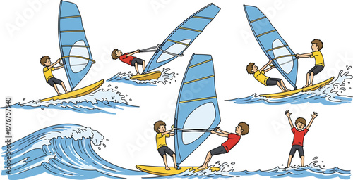 Windsurfing Water Sport Activity Cartoon Vector Illustration Set