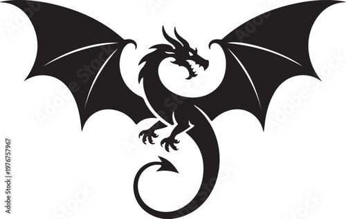 Black and white silhouette of a dragon with bat-like wings and a curled tail bat wings