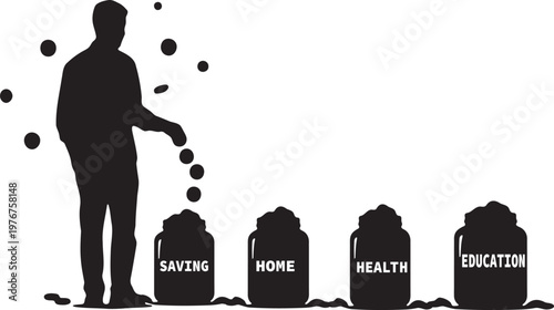 Silhouette of a man planting seeds in pots labeled saving, home, health, education