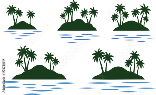 Six Tropical Island Illustrations with Palm Trees in Blue Water