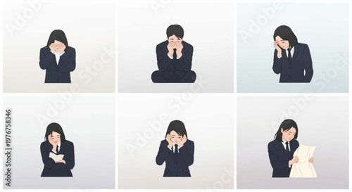 Illustrations of a woman in distress, expressing sadness and grief in various poses.