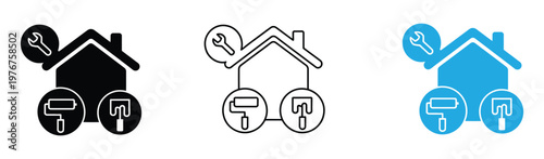 House painting renovation. Creative logo design combining a paintbrush with paint  simple house icon to represent home painting services. House renovation and painting icons set Vector illustration