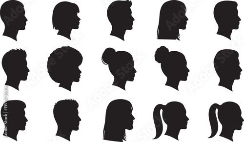 Diverse Silhouettes of Human Heads in Various Hairstyles