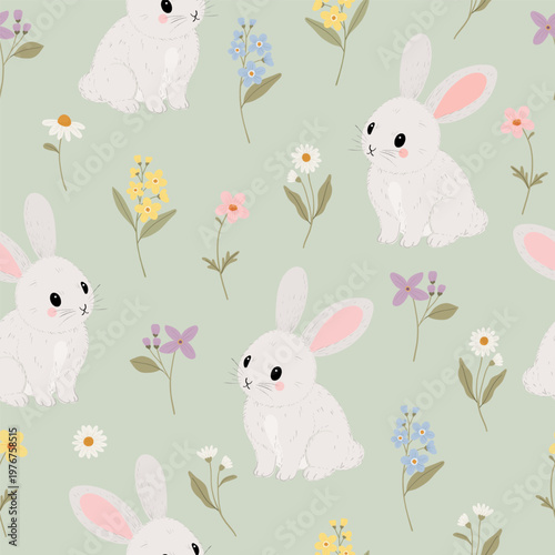 Seamless pattern with cute white bunnies and colorful wild flowers on a soft mint green background for baby bedding, spring apparel, wrapping paper, and children's textile design.
