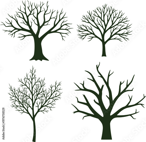 Four bare trees in minimalist style, isolated on white background