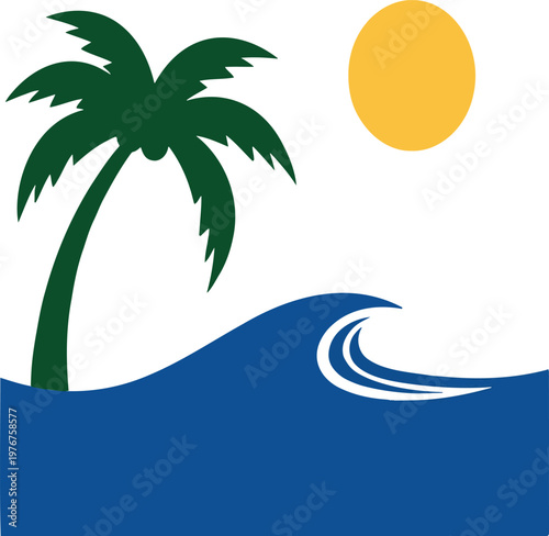 Tropical beach scene with palm tree, ocean waves, and sunset