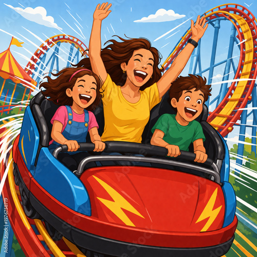 Vector Illustration of Family Vacation at Theme Park
