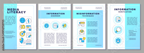 Media literacy brochure layout. Critical thinking, digital content. Global communication. Leaflet advertising design with color line icons. Editable 4 pages. Arial-Black, Myriad Pro-Regular fonts used