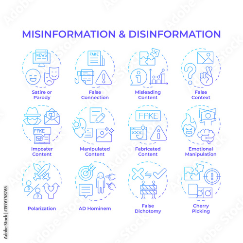 Misinformation and disinformation blue gradient concept icons. Digital communication, social media. Icon pack. Vector images. Round shape illustrations for article, blog post. Abstract idea