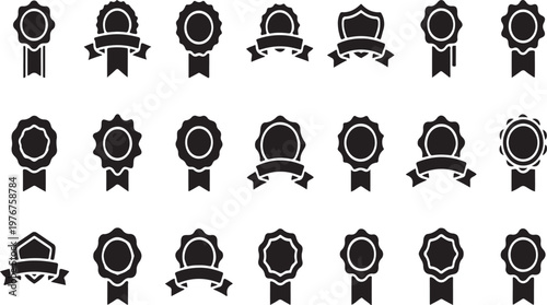 Collection of black and white award badges and ribbons