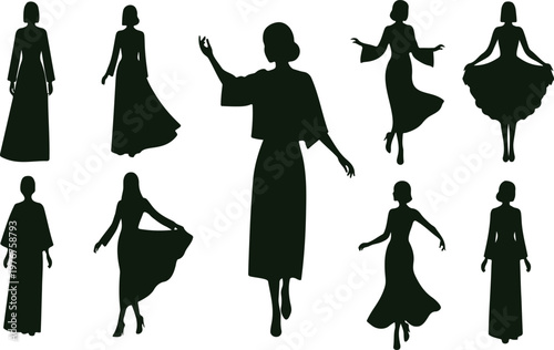 Silhouettes of Elegant Women in Various Poses and Dresses