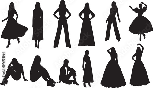 Silhouettes of Elegant Women in Various Poses and Outfits