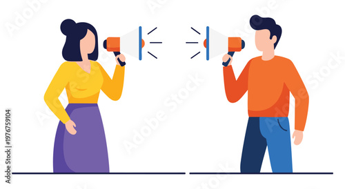 Man and woman using megaphones to communicate or make announcement. Represents speaking out, spreading news, marketing, or activism. Modern flat design.