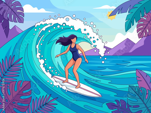 Woman Surfing on Large Ocean Wave in Tropical Beach Illustration - Flat Vector Art for Summer Vacation and Adventure Concept