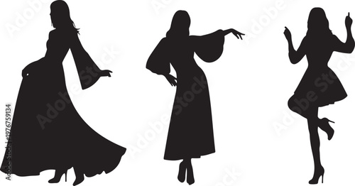Silhouettes of three women dancing in traditional long dresses