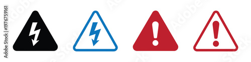 Warning signs icons set with exclamation marks and lightning bolts Vector illustration